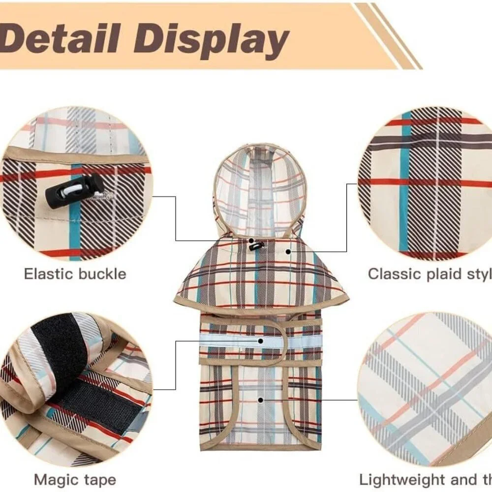 Dog Raincoat Hooded Slicker Poncho with Leash Hole Beige M